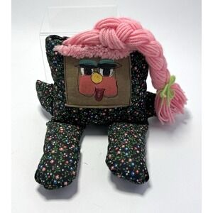Handmade 80s Pillow People Style Stuffed Doll Pink Yarn Hair Fabric Body Toy